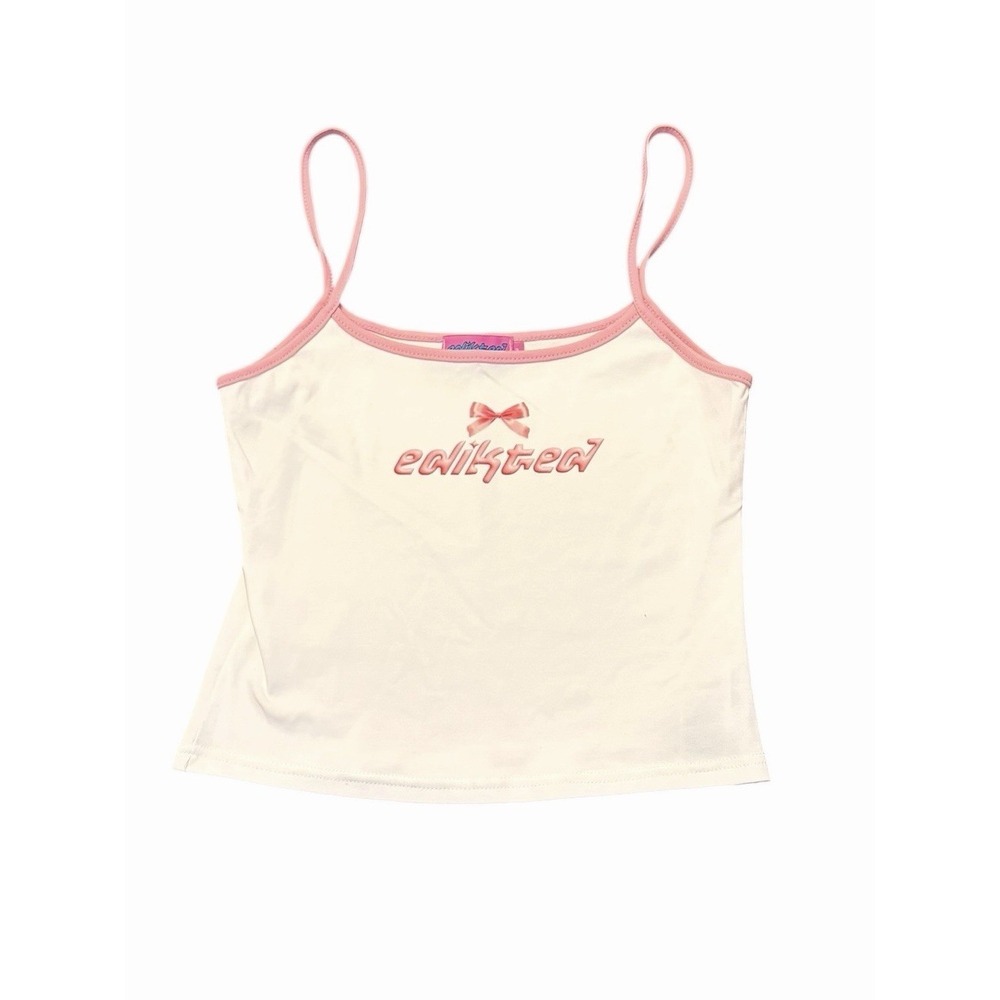Edikted White Camisole Tank Top With Pink Trim Pink Bow‎ Cropped Size M NWOT